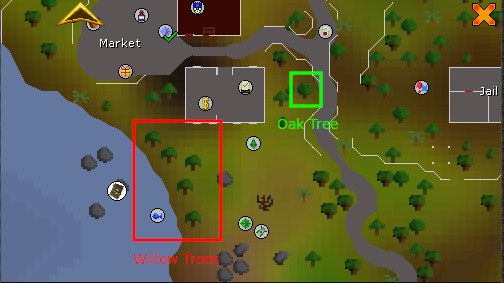Willow and Oak Location.webp OSRS map showing location of Oak and Willow trees in Draynor Village.