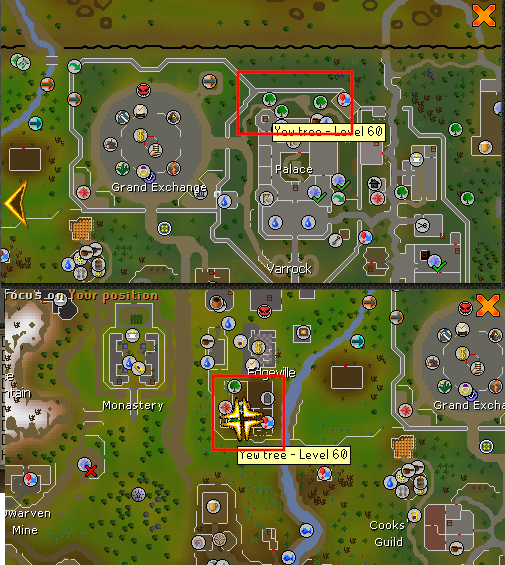 Yew F2P Location.webp OSRS map showing the location of Yew trees near Edgeville and the Grand Exchange.