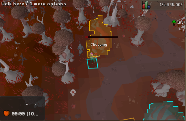 OSRS Character chopping bloodwood tree, AFK-Overlay showing player is active.