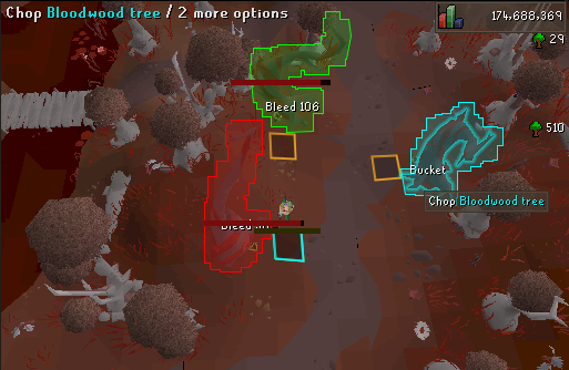 Bloodwood Strategy 3.webp Chopping Bloodwood trees in Vampyrium. 1 tree is bleeding, another tree needs to be tapped.
