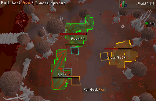 Bloodwood Strategy 4.webp Chopping Bloodwood trees in Vampyrium. 2 trees are bleeding, 1 tree has halfway progress.