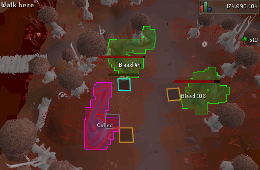Bloodwood Strategy 5.webp Chopping Bloodwood trees in Vampyrium. 2 trees are bleeding, 1 tree is ready to collect.