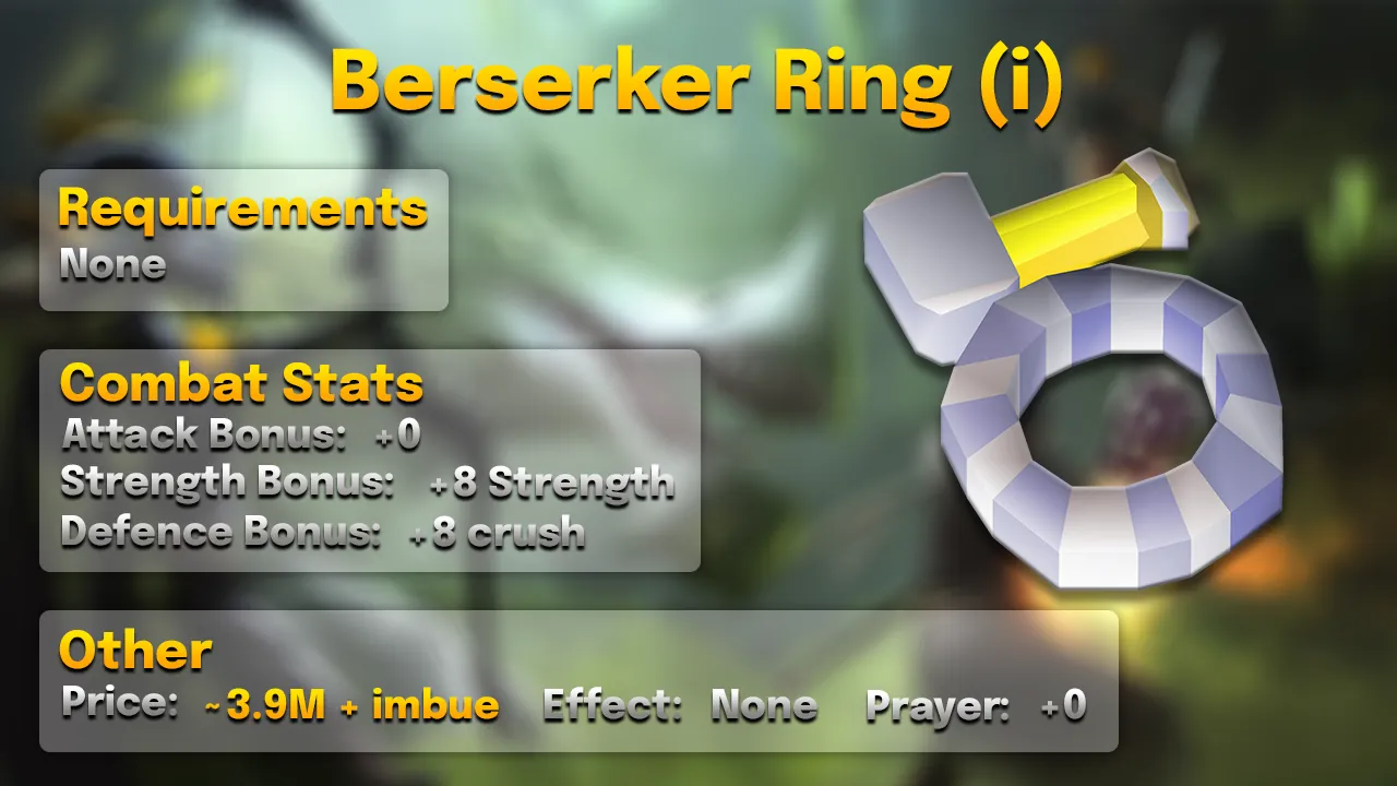 Berserker ring (i): +8 Strength, +8 crush defence, Dagannoth Rex (1/128), about 3.9M plus imbue