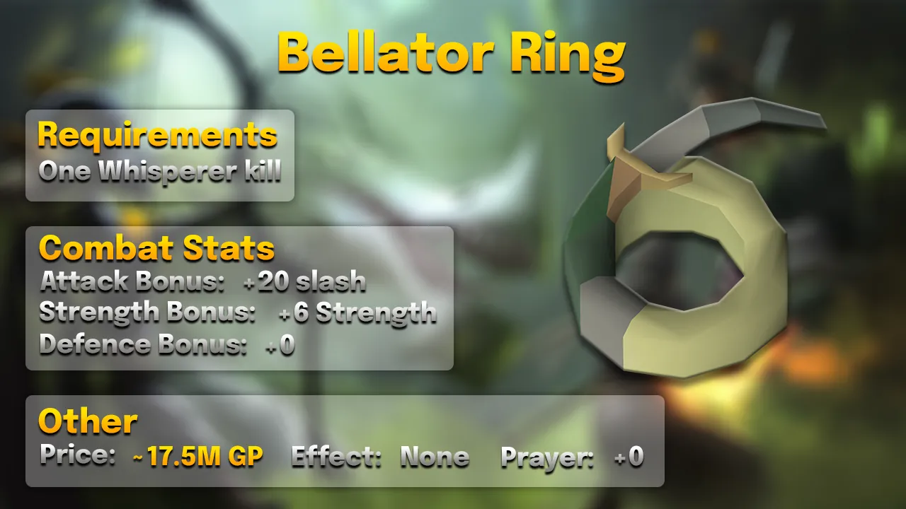 Bellator Ring.webp Bellator ring: +20 slash, +6 Strength, Bellator vestige from the Whisperer (1/512), about 17.5M