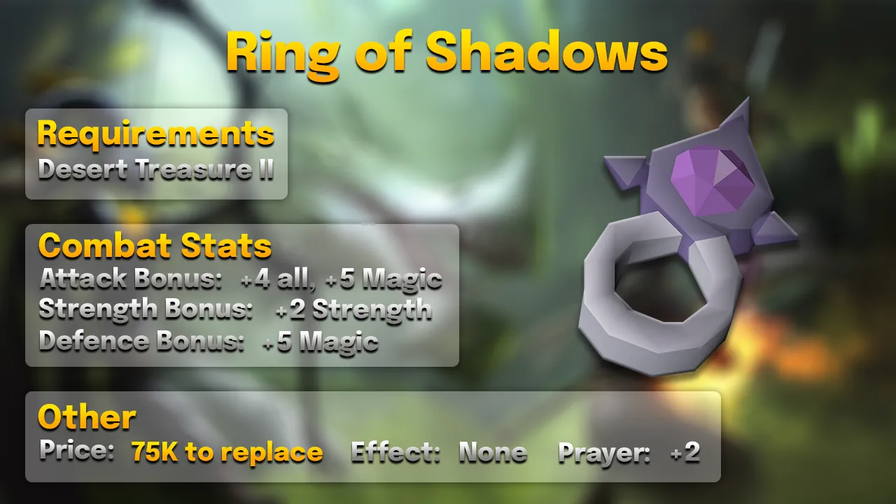 Ring of Shadows.webp Ring of shadows for melee: +4 to every melee style, +2 Strength, +2 Prayer, 75K to replace