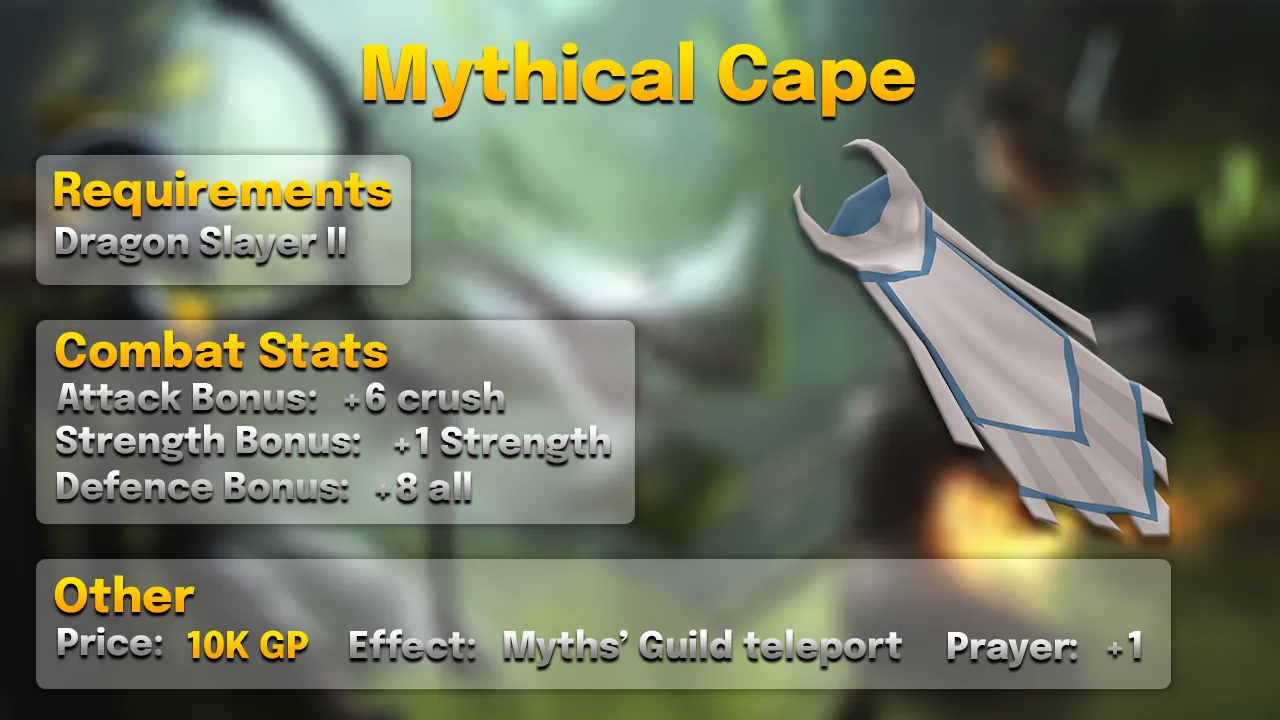 Mythical Cape.webp Mythical cape stats card: +6 crush, +1 Strength, +8 all defences, 10K after Dragon Slayer II