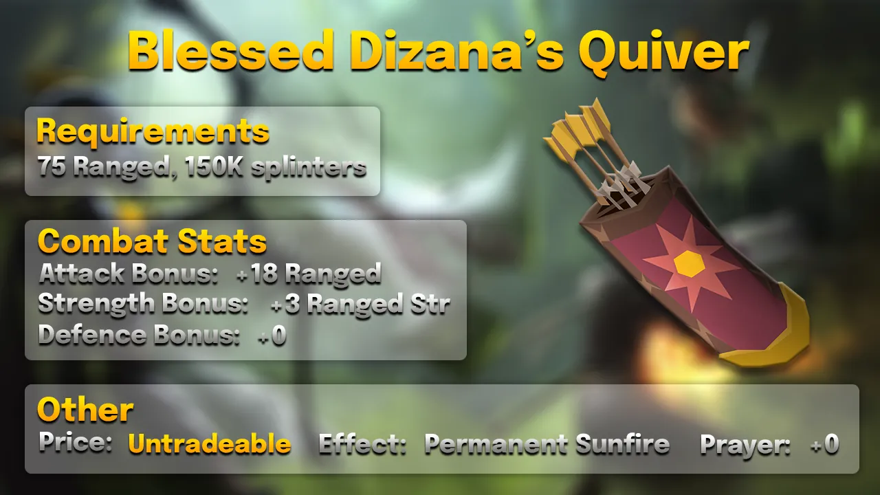 Blessed Dizana's Quiver.webp Blessed Dizana's quiver: +18 Ranged, +3 Ranged Strength, permanent Sunfire, 150,000 sunfire splinters