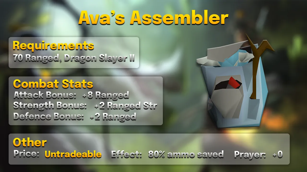 Ava's Assembler.webp Ava's assembler stats card: +8 Ranged, +2 Ranged Strength, 80% ammunition saved, 70 Ranged
