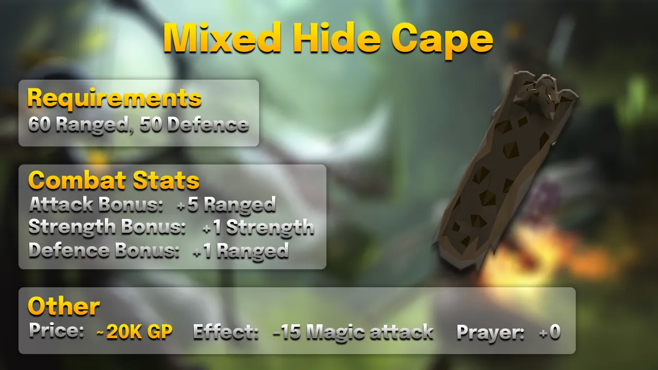 Mixed Hide Cape.webp Mixed hide cape stats card: +5 Ranged, +1 Strength, -15 Magic, 60 Ranged and 50 Defence, about 20K