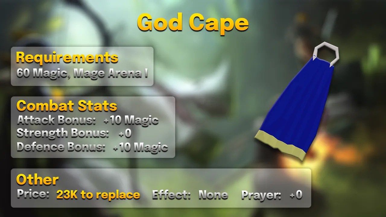 God Cape.webp God cape stats card: +10 Magic, 60 Magic, Mage Arena I, 23K to replace