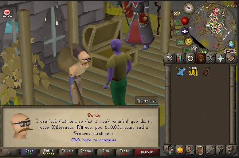 Perdu Trouver Lock.webp Perdu in Ferox Enclave offering to Trouver-lock a Fire cape for 500K GP and a Trouver parchment