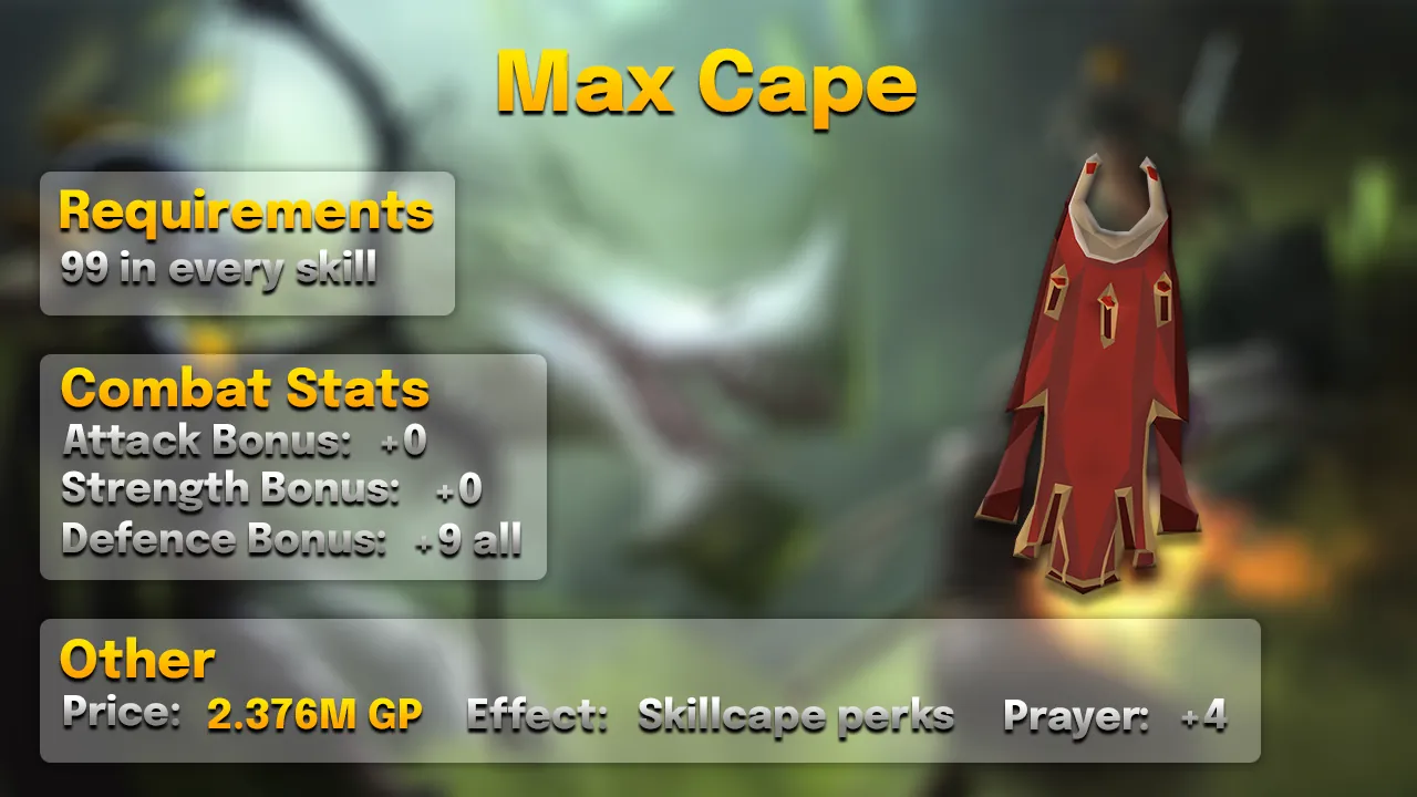 Max Cape.webp Max cape: +9 all defences, +4 Prayer, every skillcape perk, 99 in every skill