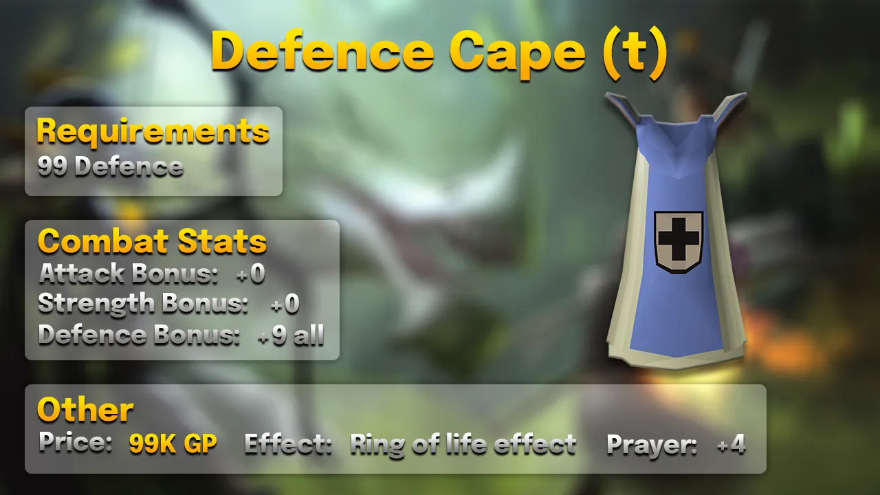 Defence cape (t): +9 all defences, +4 Prayer, Ring of life effect, 99 Defence