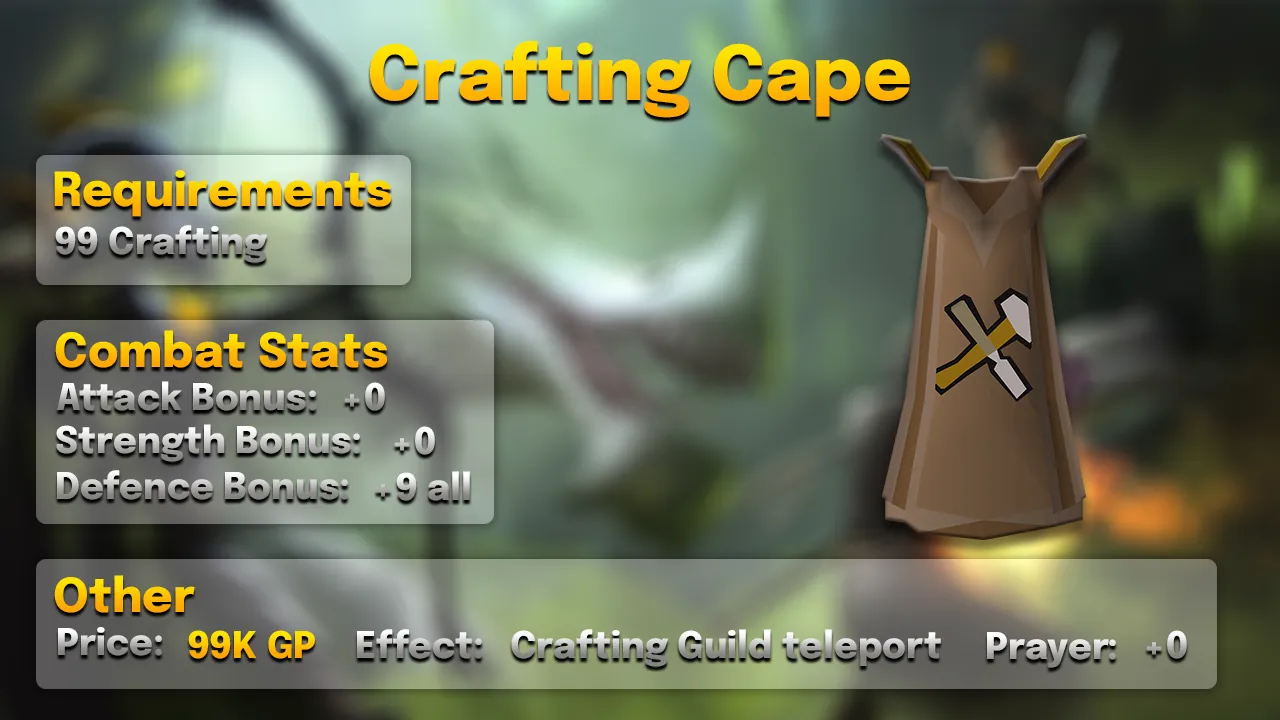 Crafting Cape.webp Crafting cape: +9 all defences, unlimited Crafting Guild teleports, 99 Crafting, 99K GP