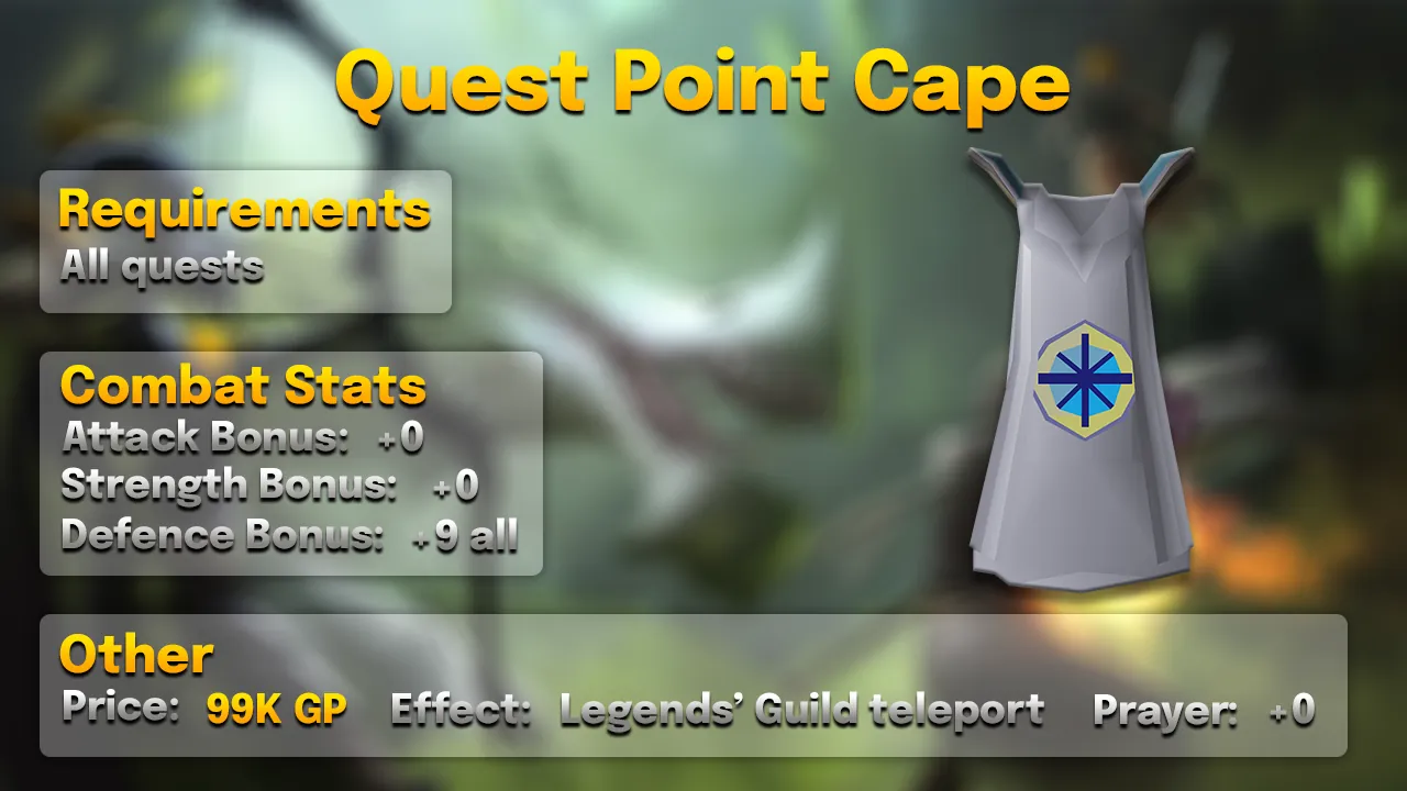 Quest Point Cape.webp Quest point cape: +9 all defences, unlimited Legends' Guild teleports, all quests, 99K GP
