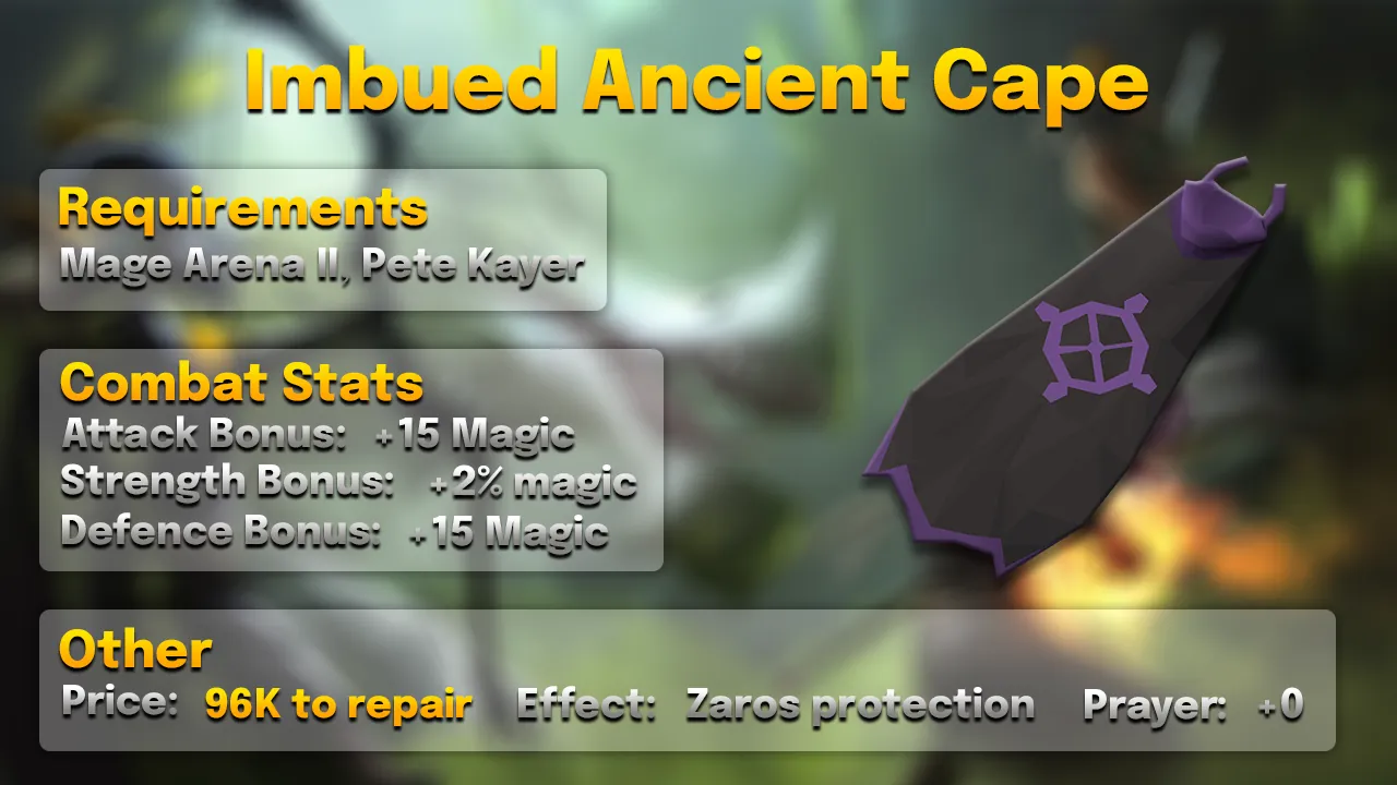 Imbued Ancient Cape.webp Imbued ancient cape: +15 Magic, +2% magic damage, Zarosian protection in God Wars, 96K to repair