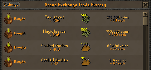 forester ration mats.webp Grand Exchange trade history showing the materials bought to create Forester's rations.
