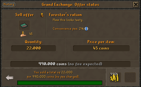 Forester ration sold.webp Grand Exchange interface showing 22,000 Forester's rations sold for 990,000 GP.