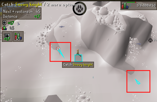 Snowy knight highlight.webp Catching Snowy knights at the Mons Gratia Hunter Area. Snowy knights are enclosed in red boxes.