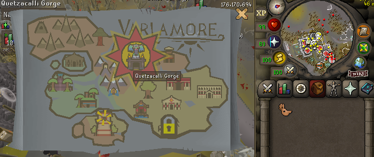 Quetzal whistle teleport interface showing Quetzacalli Gorge as teleport option.