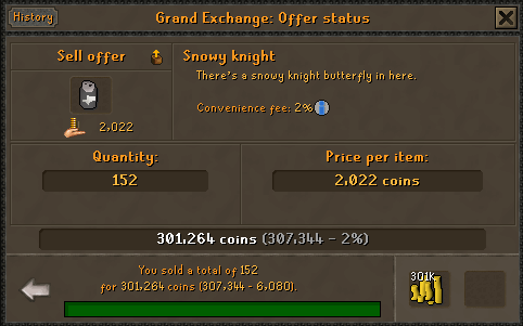 Snowy knight sold.webp 152 Snow knights sold to the Grand Exchange for 301,264 GP.