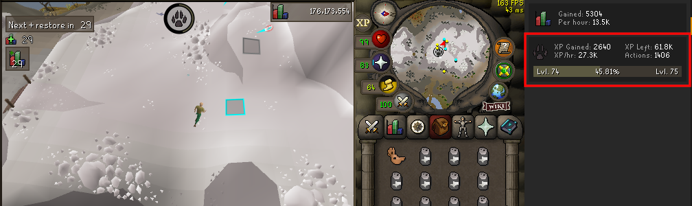 Snowy knight xph.webp Runelite interface showing XP per hour while catching Snowy knights at Mons Gratia.
