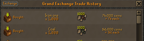 Grand exchange trade history showing materials bought for smelting Steel bars.
