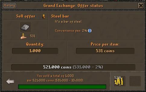 Blast Furnace Steel bars sold.png 1,000 Steel bars sold to the Grand Exchange for 521,000 GP.
