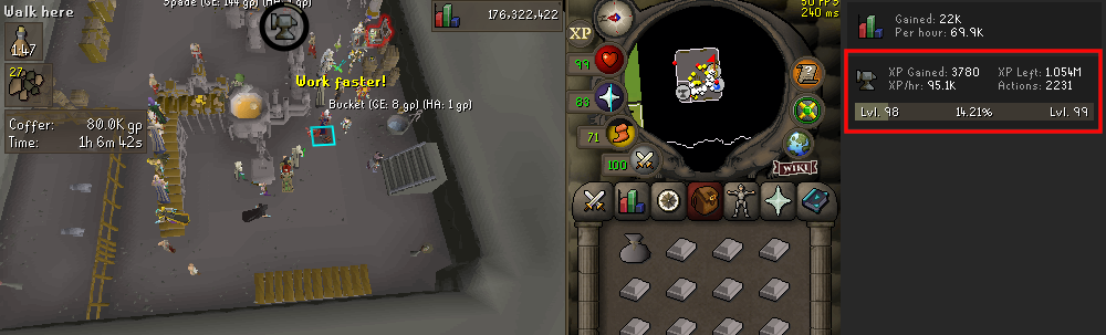 XP per hour smelting Steel bars at the Blast Furnace.