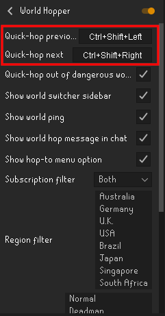 World Hopper.webp World hopper plugin settings. The Quick hop hotkeys are enclosed in a red rectangle.