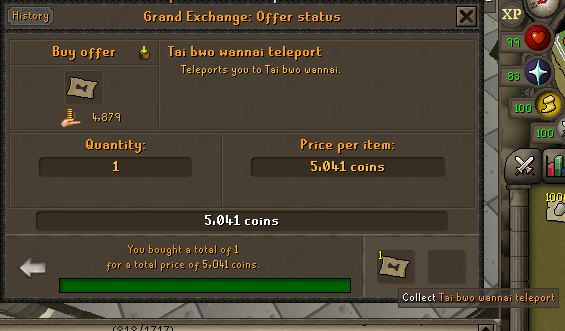 1 Tai Bwo Wannai teleport bought from the Grand Exchange for 5,041 GP.