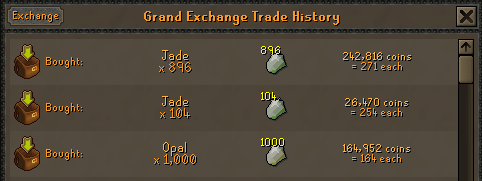 Gabooty bought opal and jade.webp Grand exchange trade history showing Jades and Opals bought.