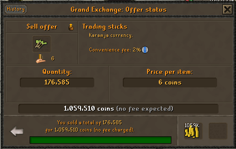 Gabooty TS sold.webp 176,585 Trading sticks sold on the Grand Exchange for 1,059,510 GP.