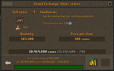 Tynan sold to GE.webp 103,300 Sandworms sold to the Grand Exchange for 10,949,800 GP.