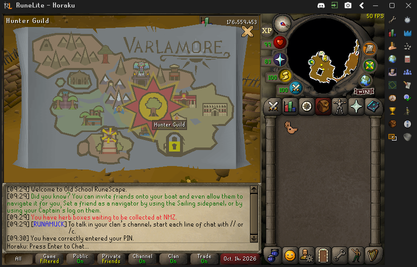 Quetzal Whistle teleport interface showing Hunter guild as teleport option.