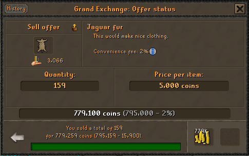  159 Jaguar fur sold on the Grand Exchange for 779,100 GP.