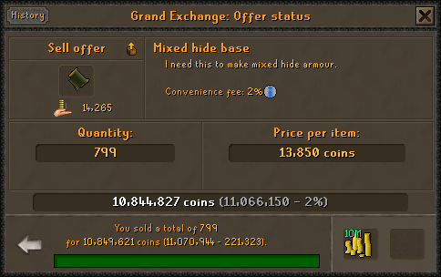 799 Mixed hide bases sold to the Grand Exchange for 10,844,827 GP.