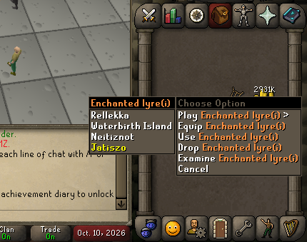 Selling Mithril Teleport.webp Enchanted lyre in the inventory showing teleport options.
