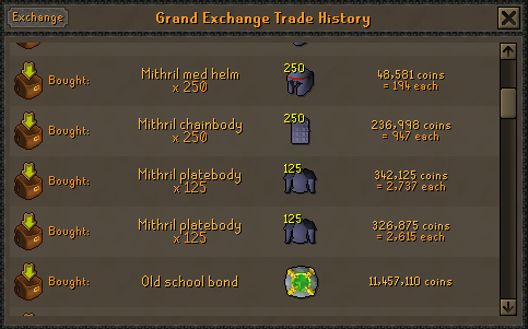 Grand Exchange trade history showing Mithril armour bought.