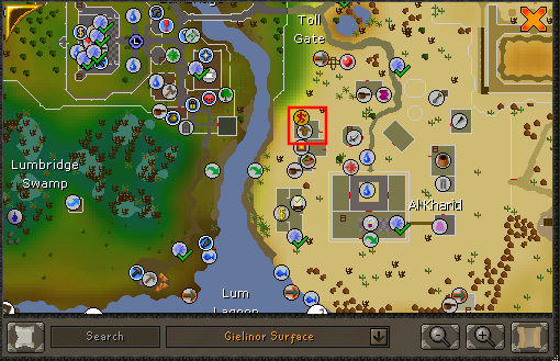 cowhide location.webp OSRS map showing the location of Ellis, the tanner, in Al Kharid.
