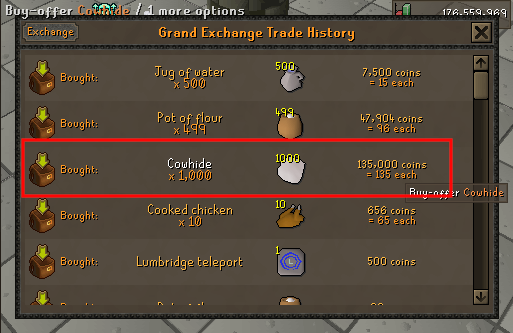 cowhides bought.webp Grand Exchange trade history showing cowhides bought for tanning into soft leather.