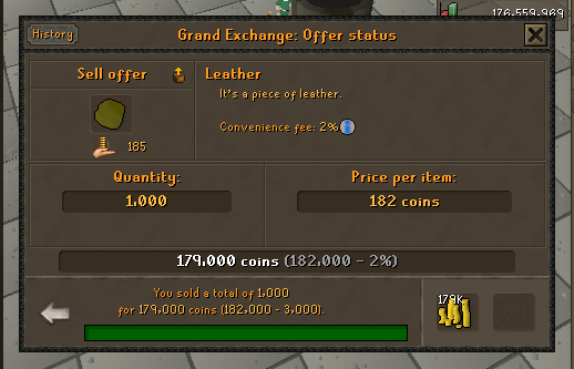cowhides leather sold.webp 1,000 soft Leather sold on the Grand Exchange for 179,000 GP.