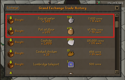 Pie shell mats.webp Grand Exchange trade history showing materials bought for making Pastry dough.