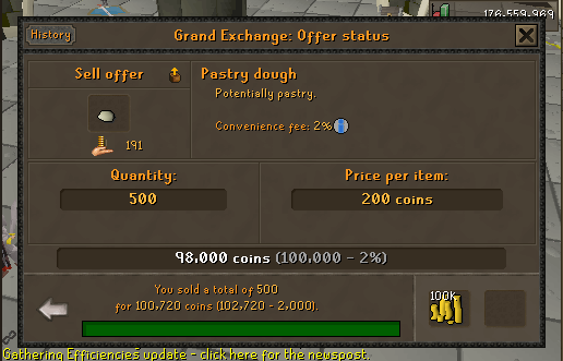 Pastry dough sold.webp Grand Exchange interface showing 500 Pastry dough sold for 98,000 GP.