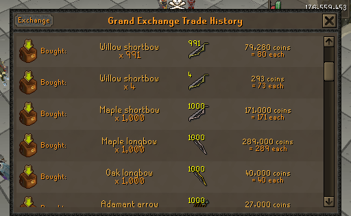 Grand Exchange trade history showing archery supplies bought.