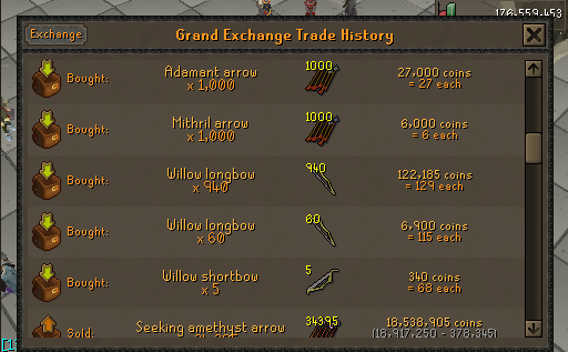 Grand Exchange trade history showing archery supplies bought.