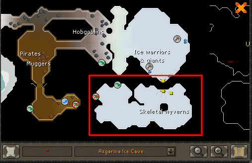 Map showing where the Skeletal wyverns are located in the Asgarnian Ice Dungeon.