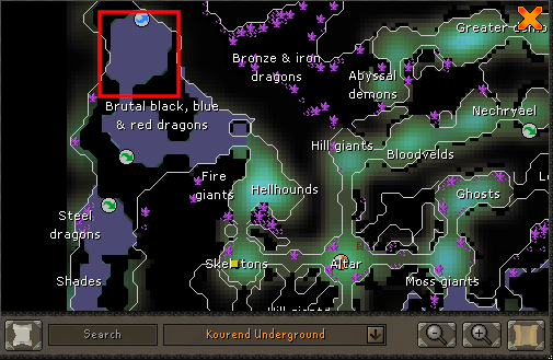 Map showing location of Brutal black dragons in the Catacombs of Kourend.