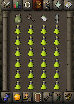 Inventory setup with Flamtaer bag. Flamtaer hammer, Flamtaer bracelet and Morytania legs for making Sacred oil.