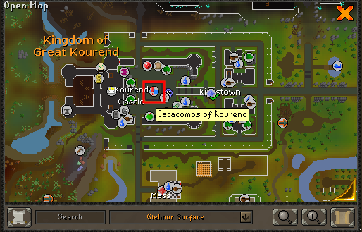 Map showing the location of the Catacombs of Kourend.